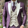 R&z - Jacket Pants Vest Full Set Luxury Single Breasted Peak Lapel Purple Male Clothing Men’s Suits Blazer - Picture