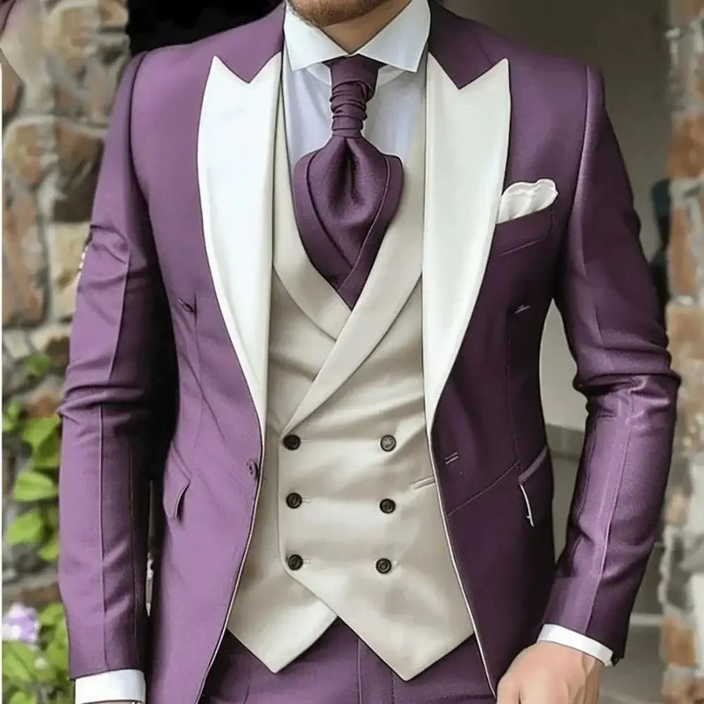 R&z - Jacket Pants Vest Full Set Luxury Single Breasted Peak Lapel Purple Male Clothing Men’s Suits Blazer - Picture