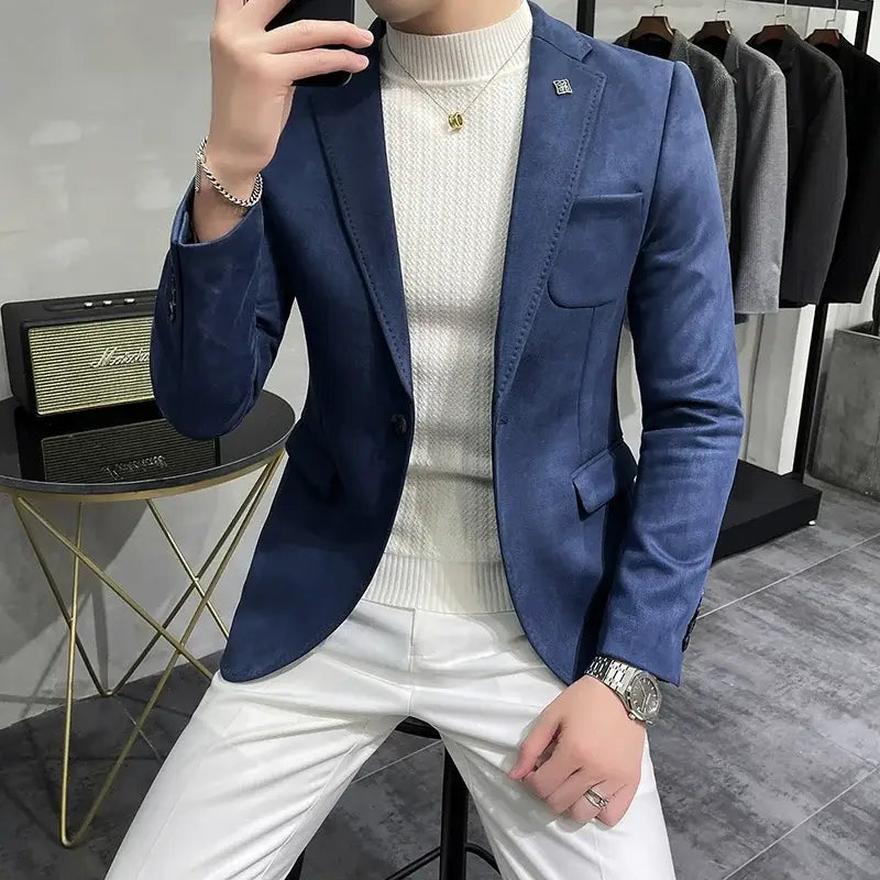 R&z - Jacket Suit Coat Blazer Men’s Business Leisure Slim Fit Brand Fashion High Quality Single - Blue / Asia M 50-56KG