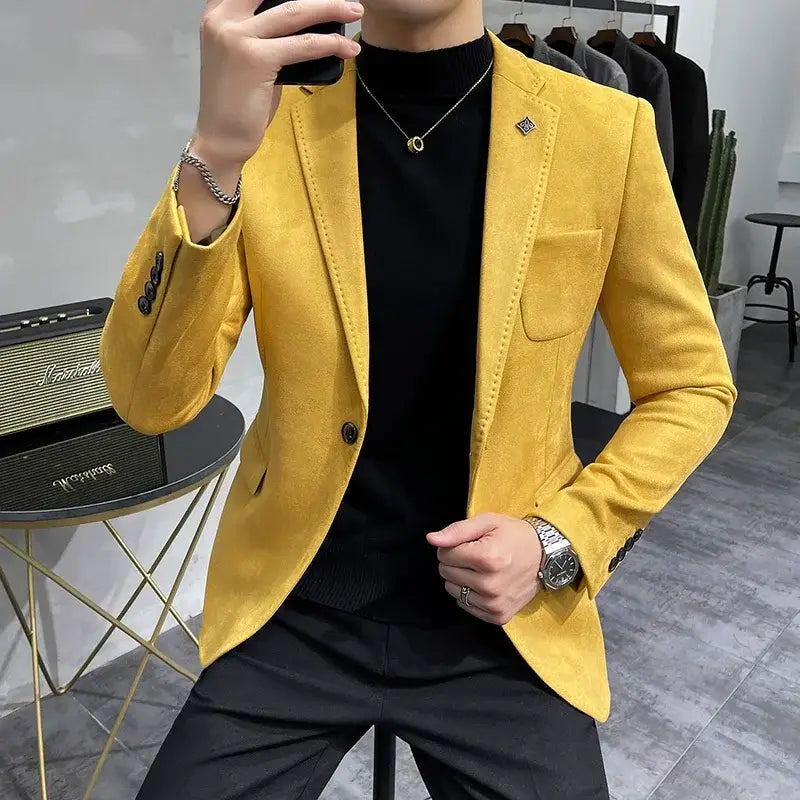 R&z - Jacket Suit Coat Blazer Men’s Business Leisure Slim Fit Brand Fashion High Quality Single - YELLOW / Asia XL