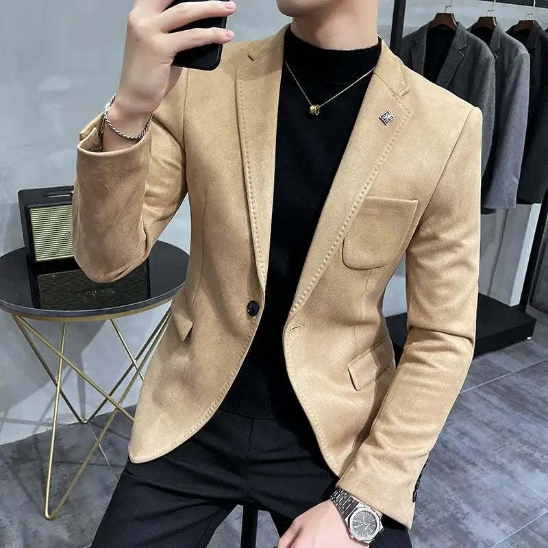 R&z - Jacket Suit Coat Blazer Men’s Business Leisure Slim Fit Brand Fashion High Quality Single - Khaki / Asia XL