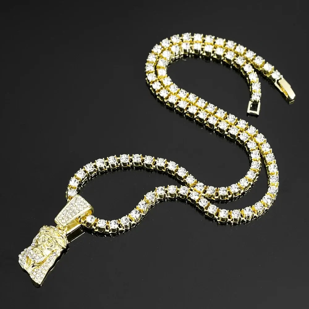 R&Z - Jesus Pendant & Tennis Vhain - Gold 24inch chainB