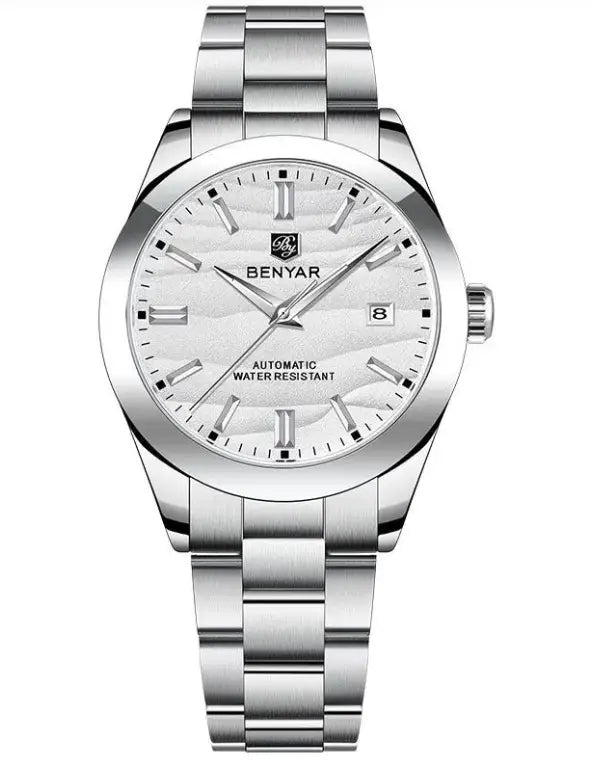 Silver stainless steel benyar luminous mens mechanical watch with textured white dial and rectangular hour markers in packing box