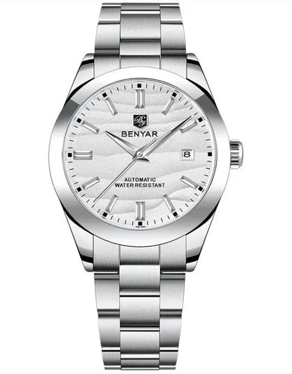 Silver stainless steel benyar luminous mens mechanical watch with textured white dial and rectangular hour markers in packing box