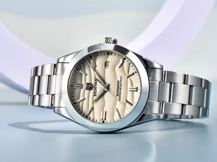 Silver stainless steel benyar luminous mens mechanical watch with textured beige dial roman numerals packing box