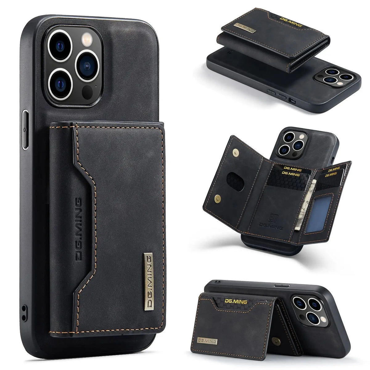 Black dg.ming leather wallet case with magnetic card slots for iphone by r&z m2 showing back side