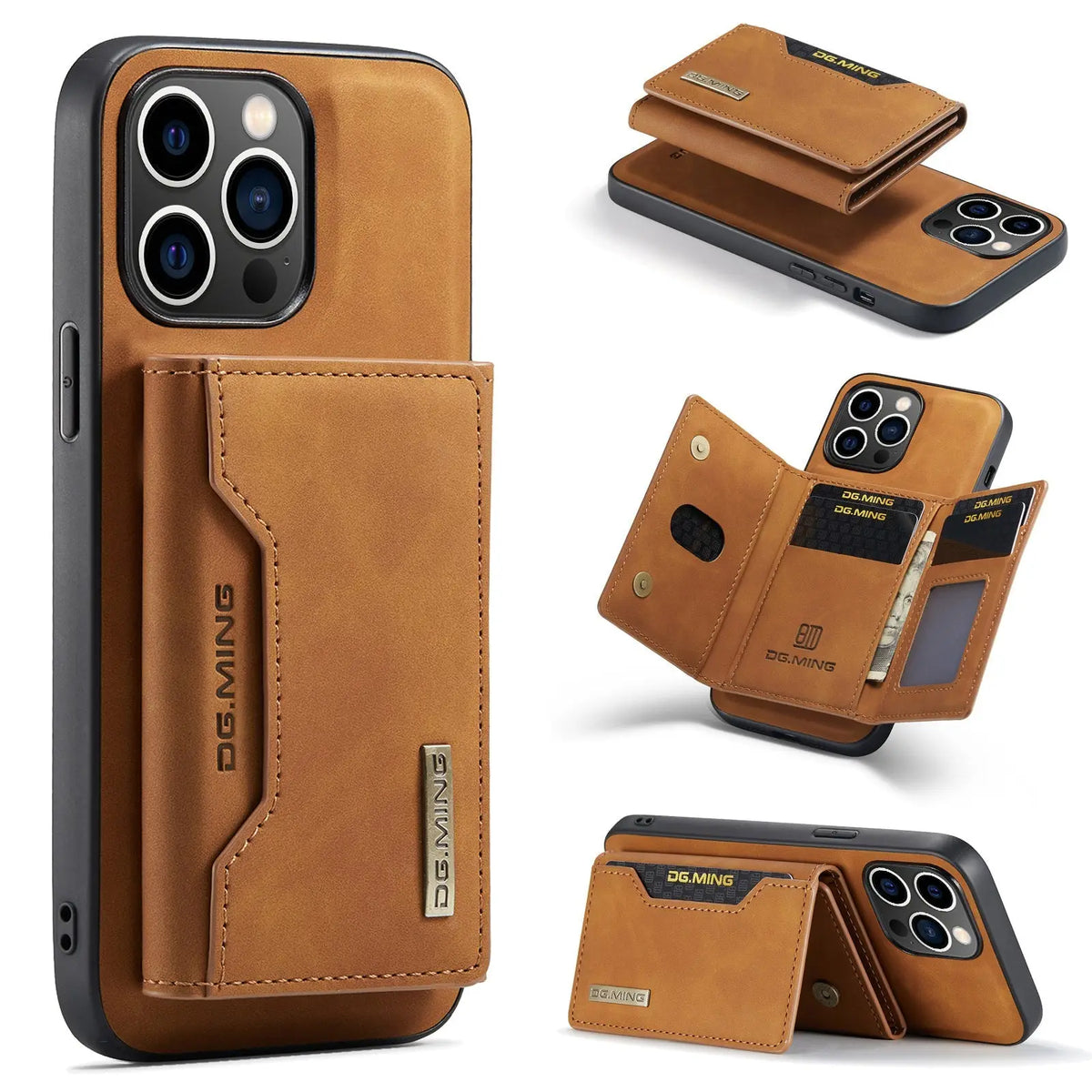 Tan leather wallet case with black bumper and metal accents r&z m2 magnetic card wallet case for iphone back side