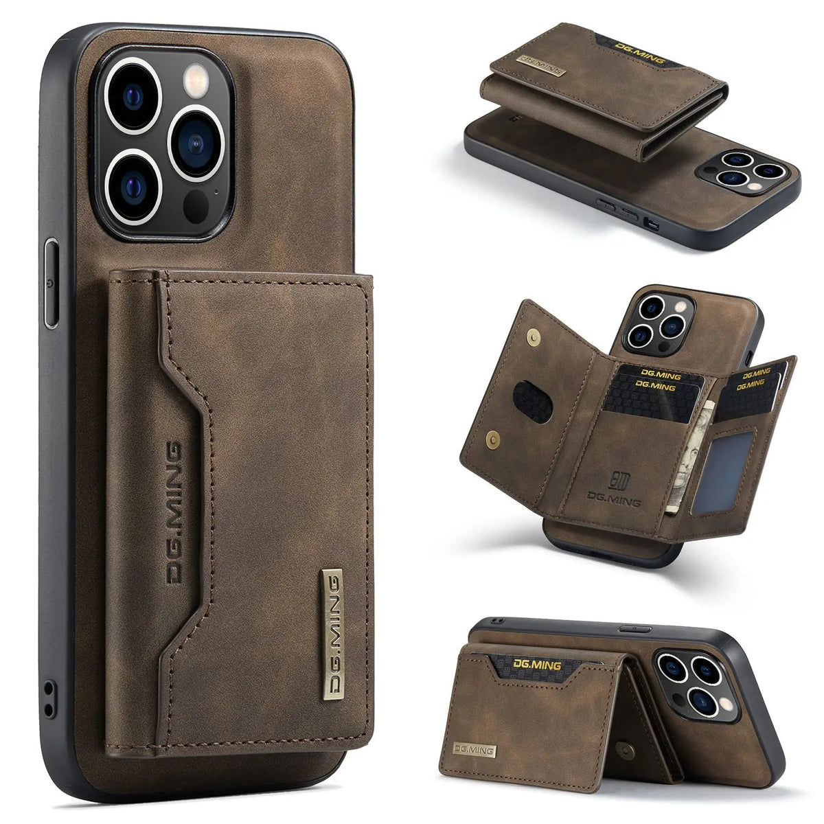 Brown leather wallet case with card slots id window magnetic card wallet for iphone by R&Z M2 model