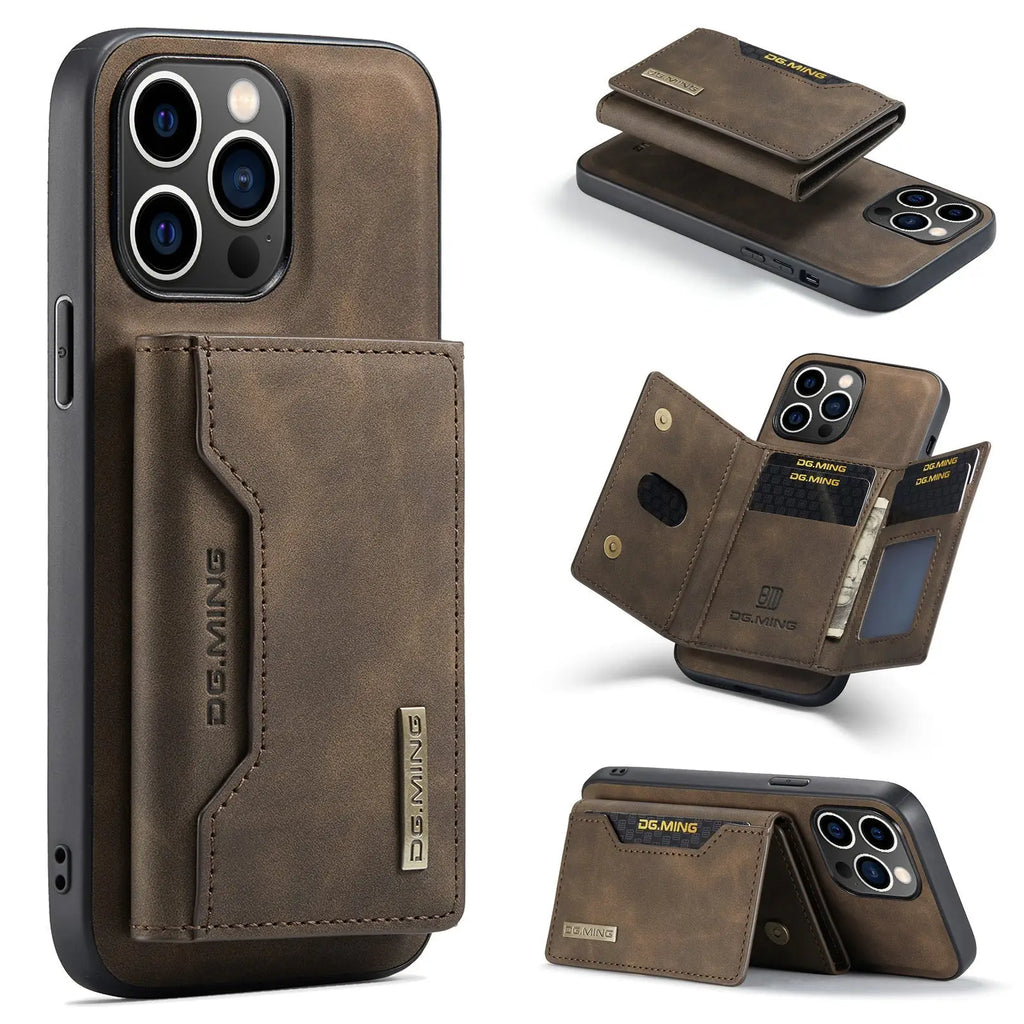 Brown leather r&z m2 magnetic card wallet case for iphone with card slots and built-in id window