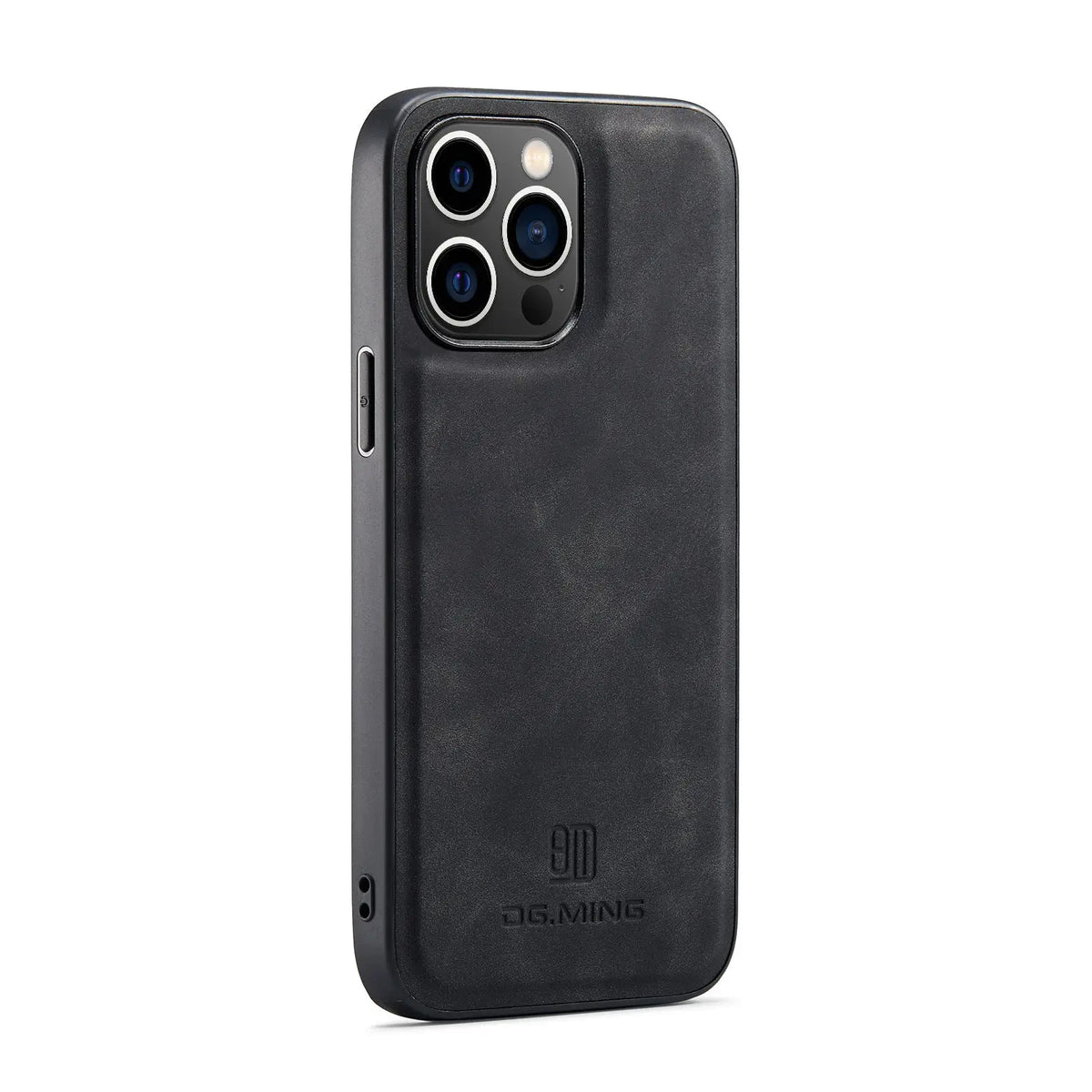 Black leather r&z m2 magnetic card wallet case for iphone with subtle texture and precise camera cutouts back view