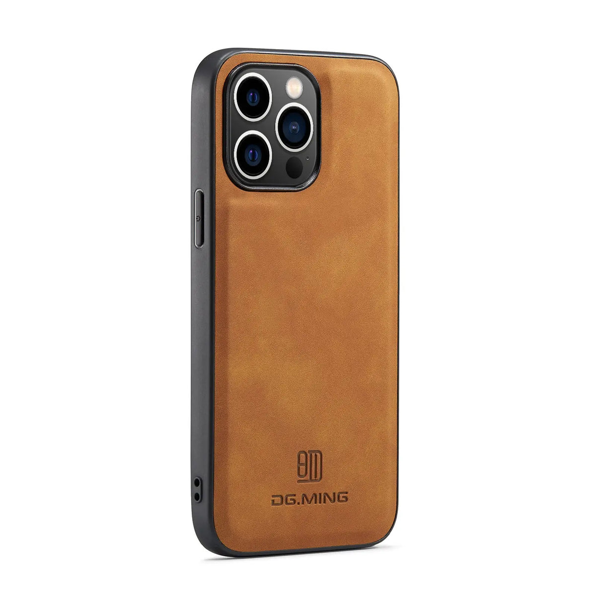 Tan leather wallet case with black edges and dg.ming logo for the r&z m2 magnetic card wallet case for iphone back side