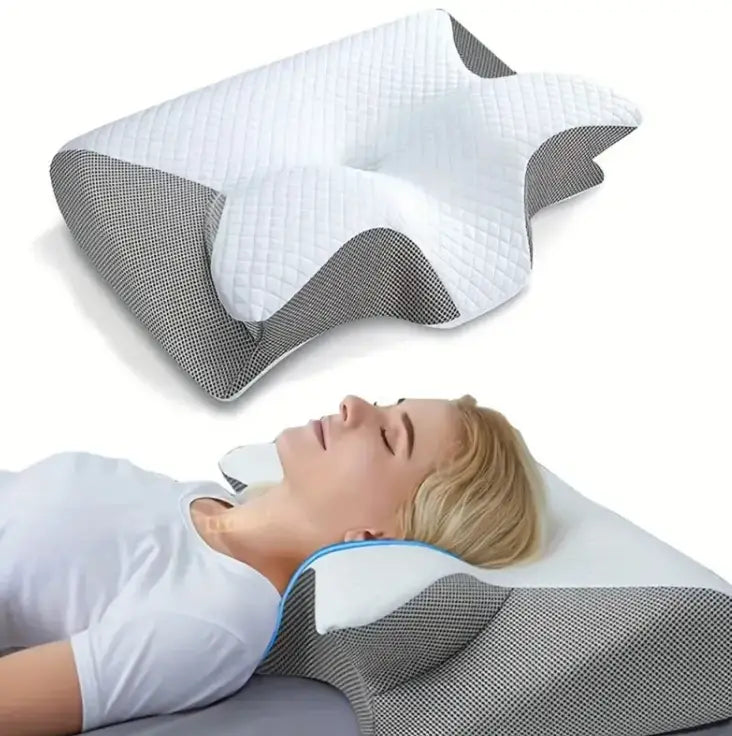 White and gray quilted memory pillow sleep with breathable mesh panels for cervical support by R&z
