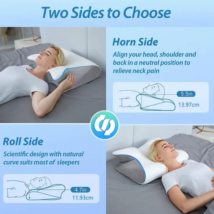 R&z memory pillow sleep cervical support white and gray two-sided memory foam pillow with blue trim for neck pain relief