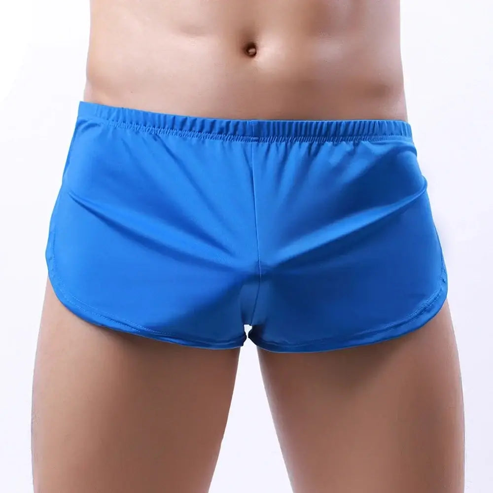 Bright blue r&z men shorts with stretchy elastic waistband and falt waist for sport fitness and running use