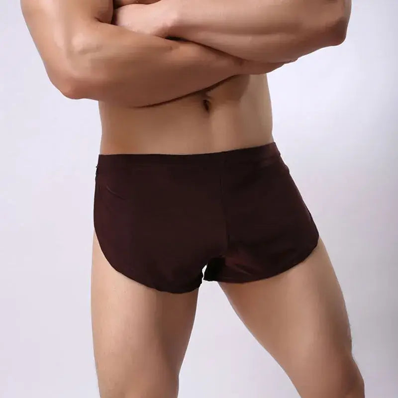 Dark brown form-fitting briefs with smooth fabric finish designed for r&z men shorts gym sport with falt waist wigth