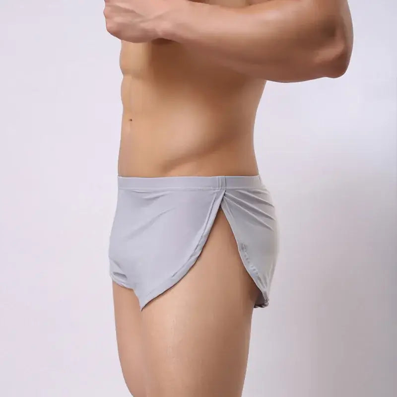 Light gray stretchy fabric briefs with a distinctive side-tie design featuring falt waist for men by r&z