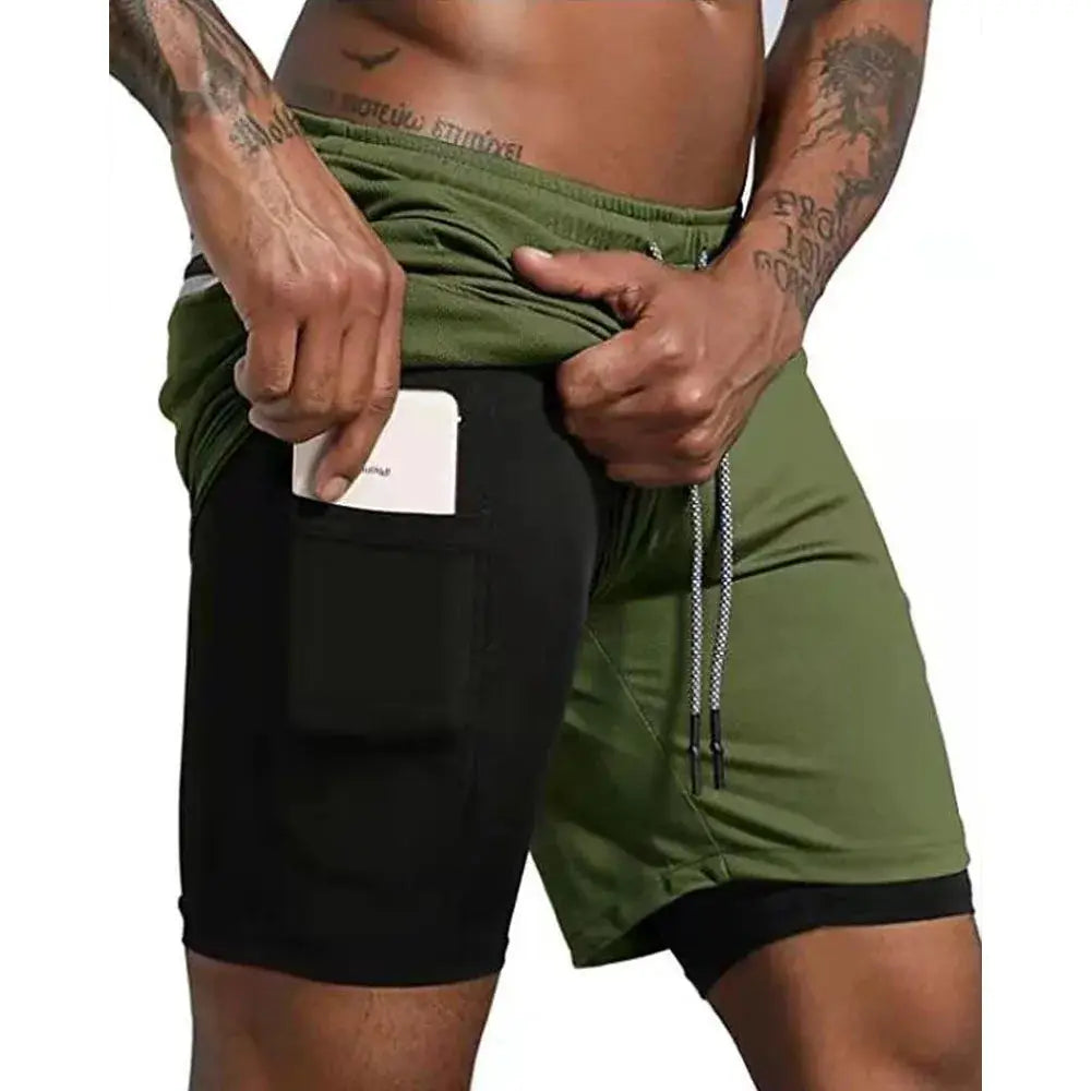 R&z - Men Sport Shorts Sportswear Double-deck Running Shorts - Black Green / XXL(70-85kg)