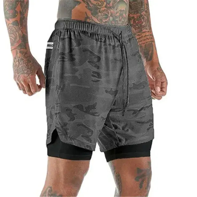 R&z - Men Sport Shorts Sportswear Double-deck Running Shorts - Gray Camouflage / XXXL(85-95kg)