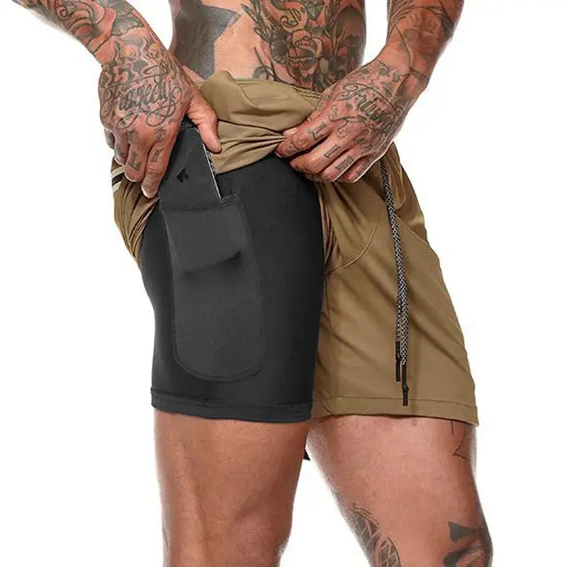 R&z - Men Sport Shorts Sportswear Double-deck Running Shorts - Khaki / XXL(70-85kg)