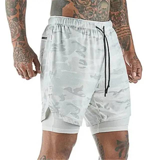 R&z - Men Sport Shorts Sportswear Double-deck Running Shorts - White Camouflage / XXL(70-85kg)