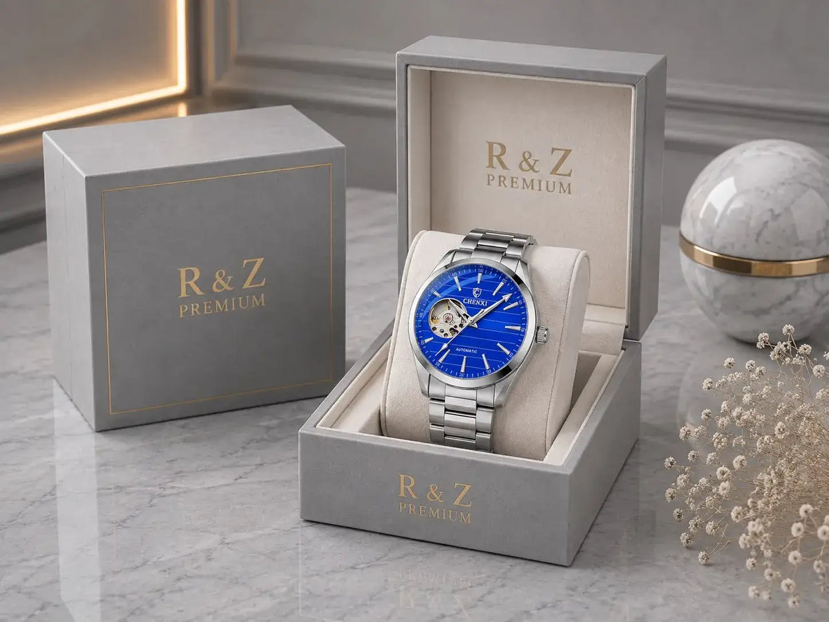 R&Z men’s automatic hollow mechanical watch with a silver stainless steel case and vibrant blue dial in premium box