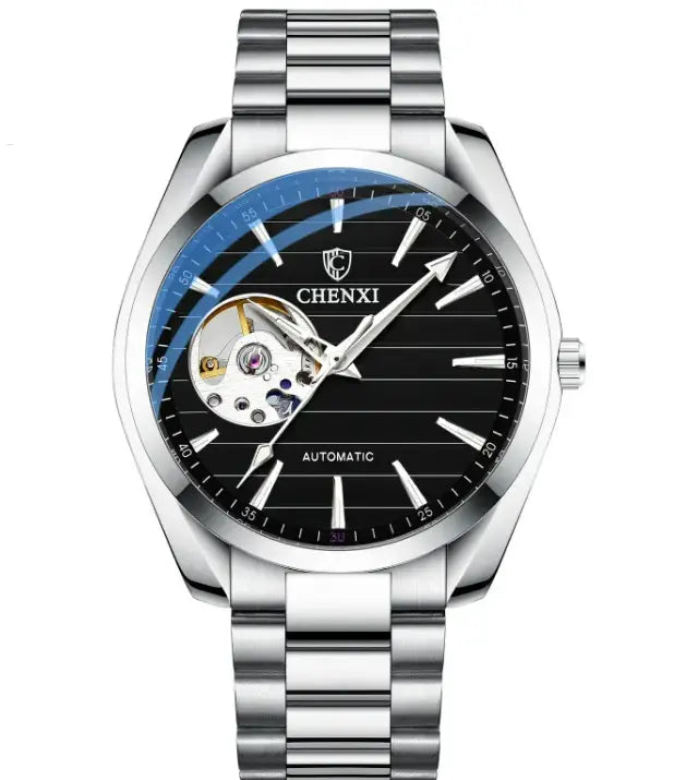 R&z men’s automatic hollow mechanical watch with silver-toned case black dial blue accent ring and exposed movement