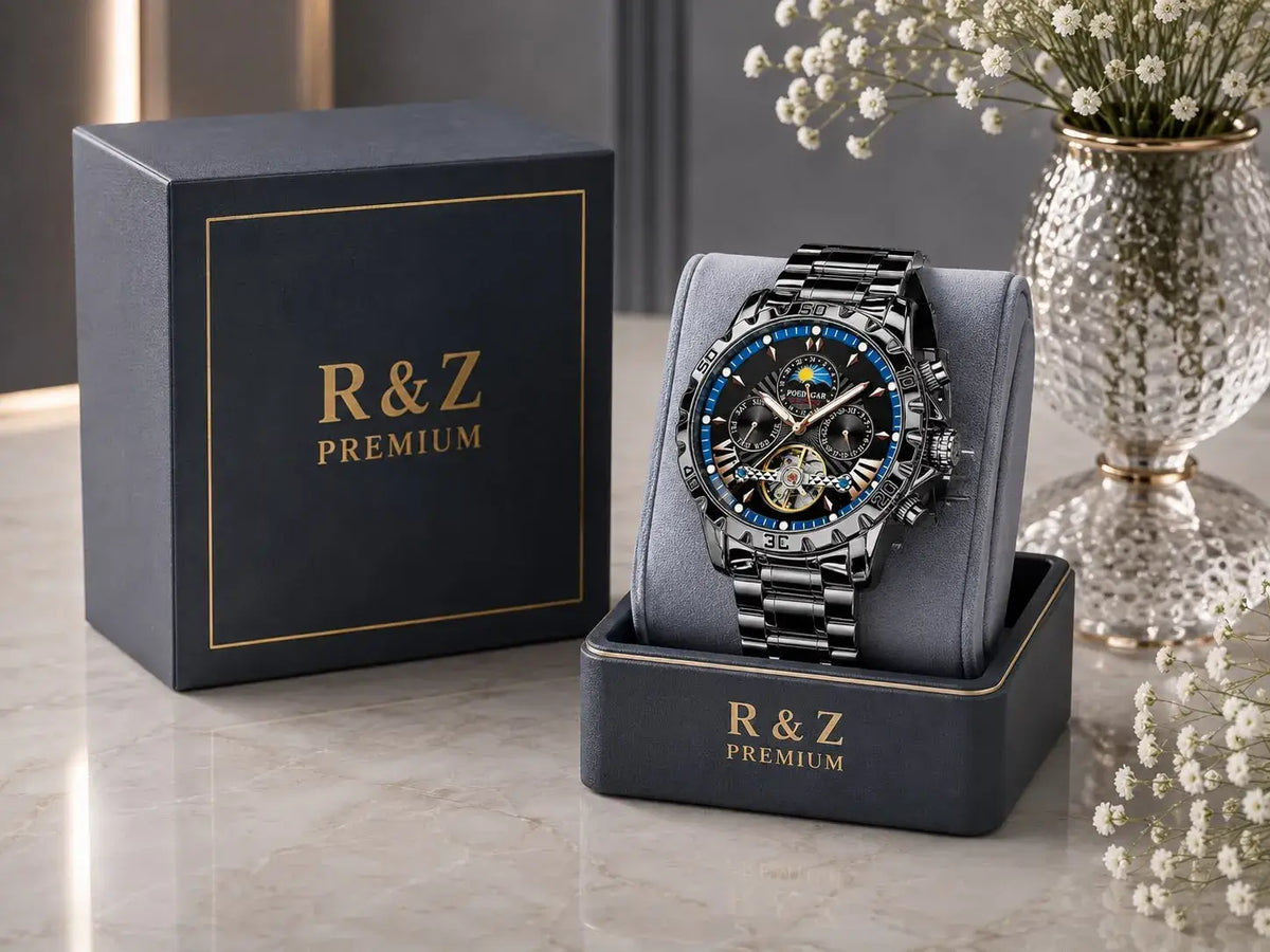 R&Z men’s automatic mechanical black stainless steel chronograph watch with blue dial and gold-tone accents