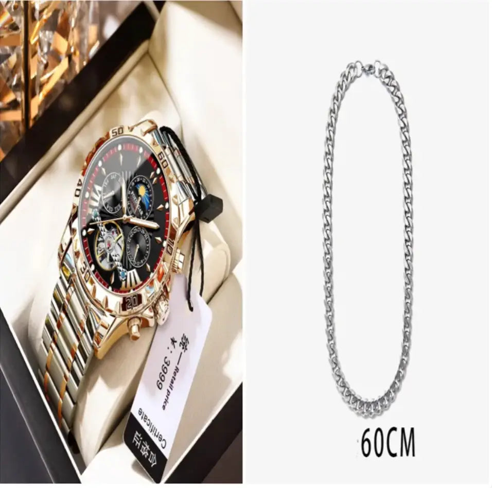 Silver-toned curb chain necklace 60cm paired with r&z men’s automatic mechanical watch for stylish wear