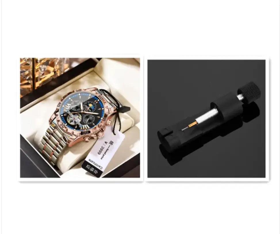 R&Z mens automatic mechanical watch rose gold tone with blue dial exposed movement and stainless steel bracelet