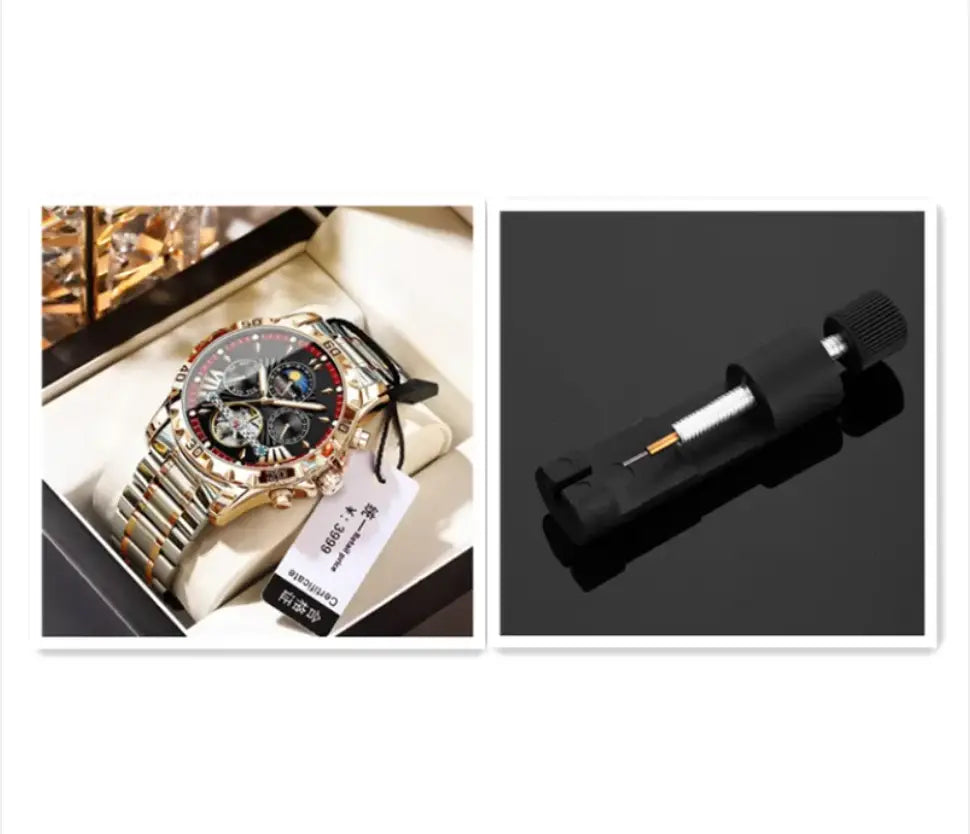 R&z men’s automatic mechanical watch gold-toned chronograph with black dial red accents and stainless steel bracelet