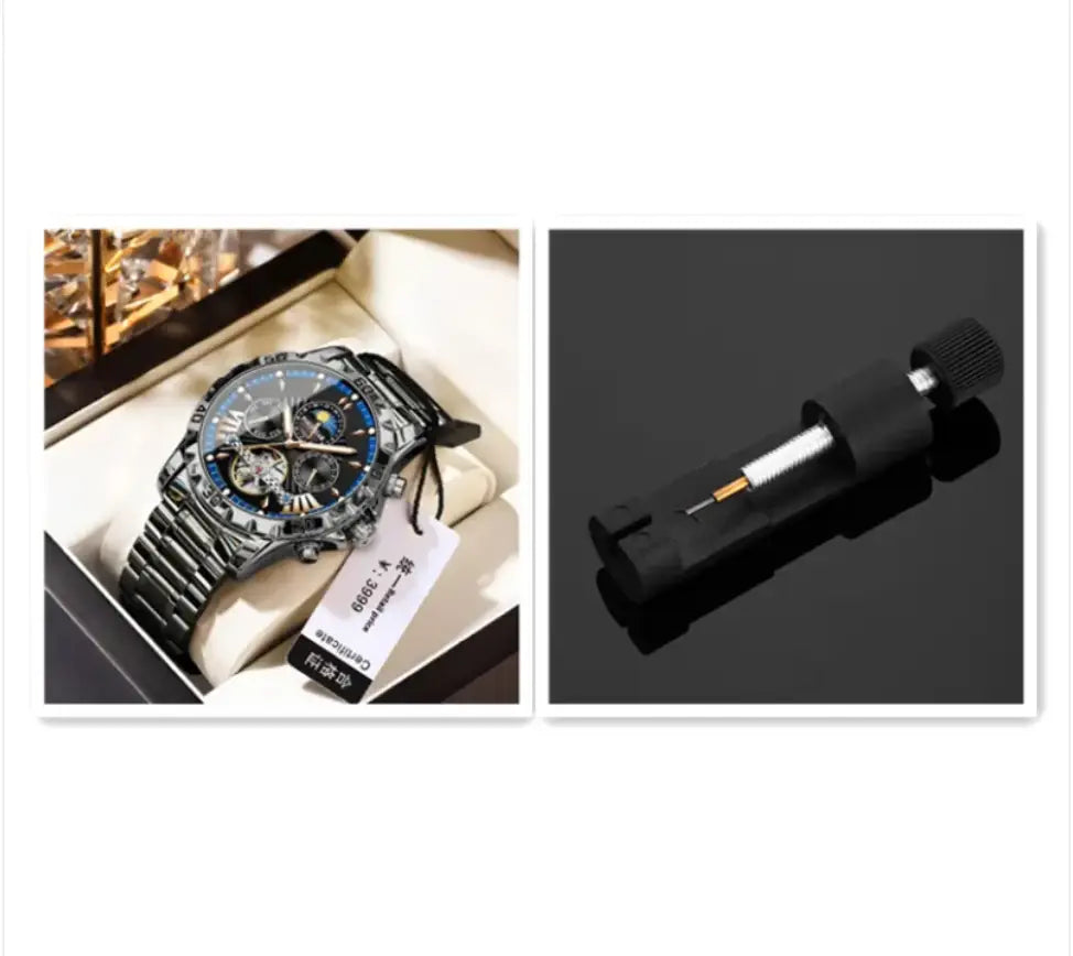 R&Z men’s automatic mechanical watch with black stainless steel case blue accents and skeletonized dial