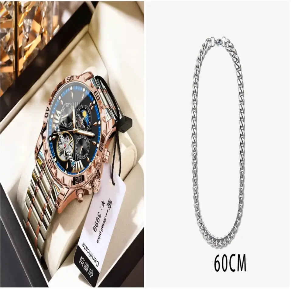 Silver chain necklace with 60cm interlocking links complements r&z men’s automatic mechanical watch collection