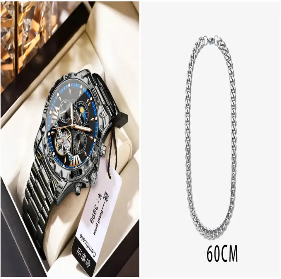R&Z men’s automatic mechanical watch with black and blue chronograph dial and stainless steel bracelet