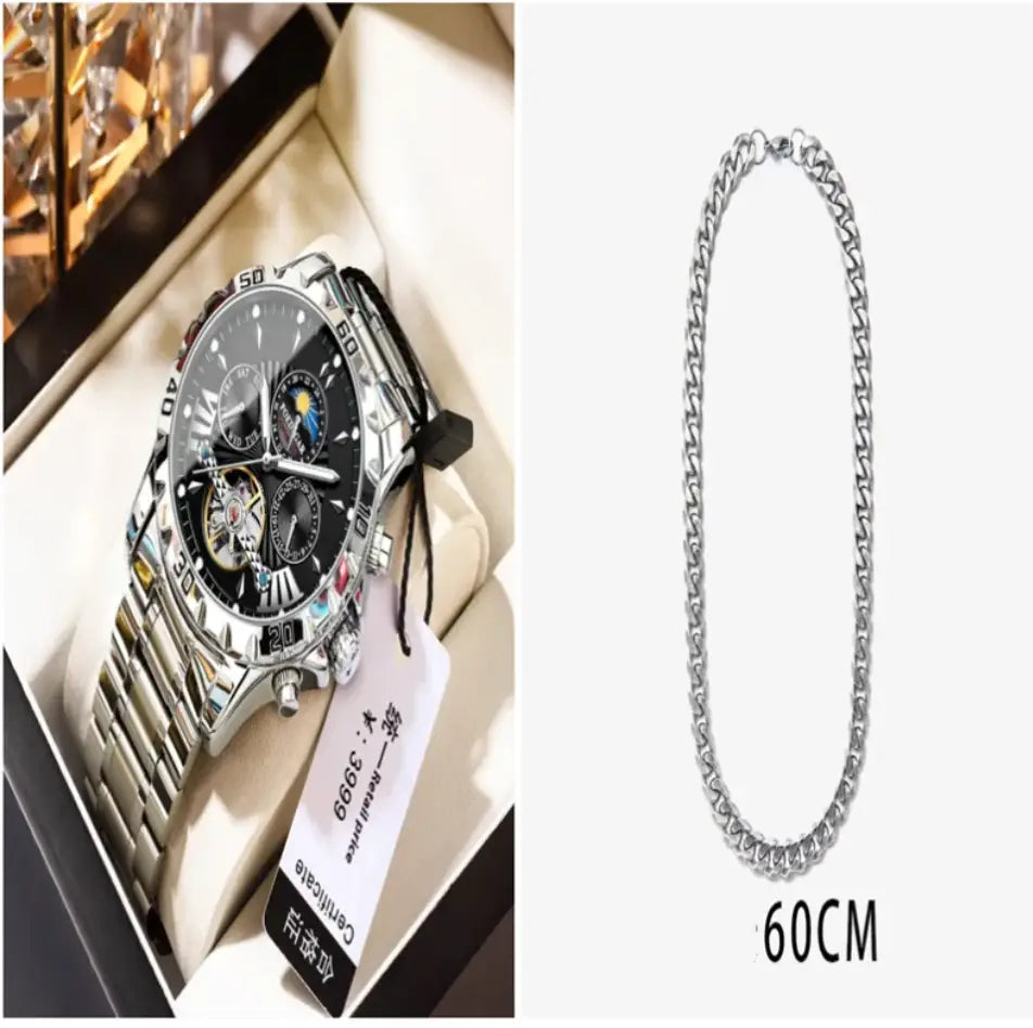Silver-toned stainless steel chain necklace 60cm with classic curb link design for r&z men’s automatic mechanical watch