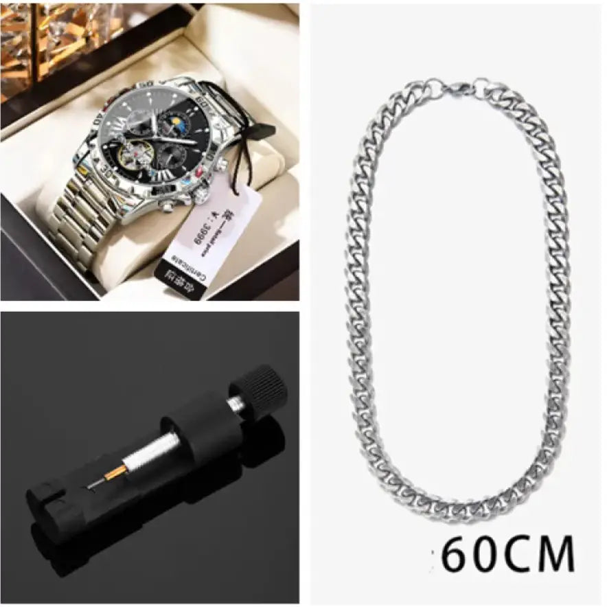 Silver-toned curb chain necklace 60cm complementing r&z men’s automatic mechanical watch accessories