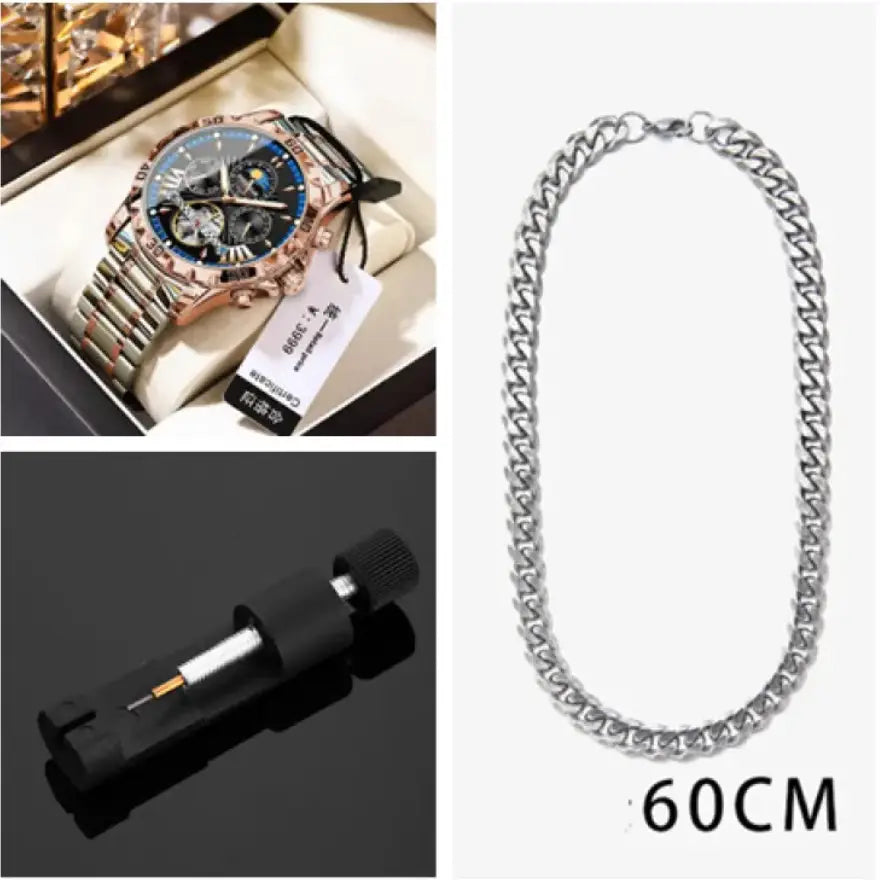 Silver-toned curb link chain necklace 60cm length paired with r&z men’s automatic mechanical watch display