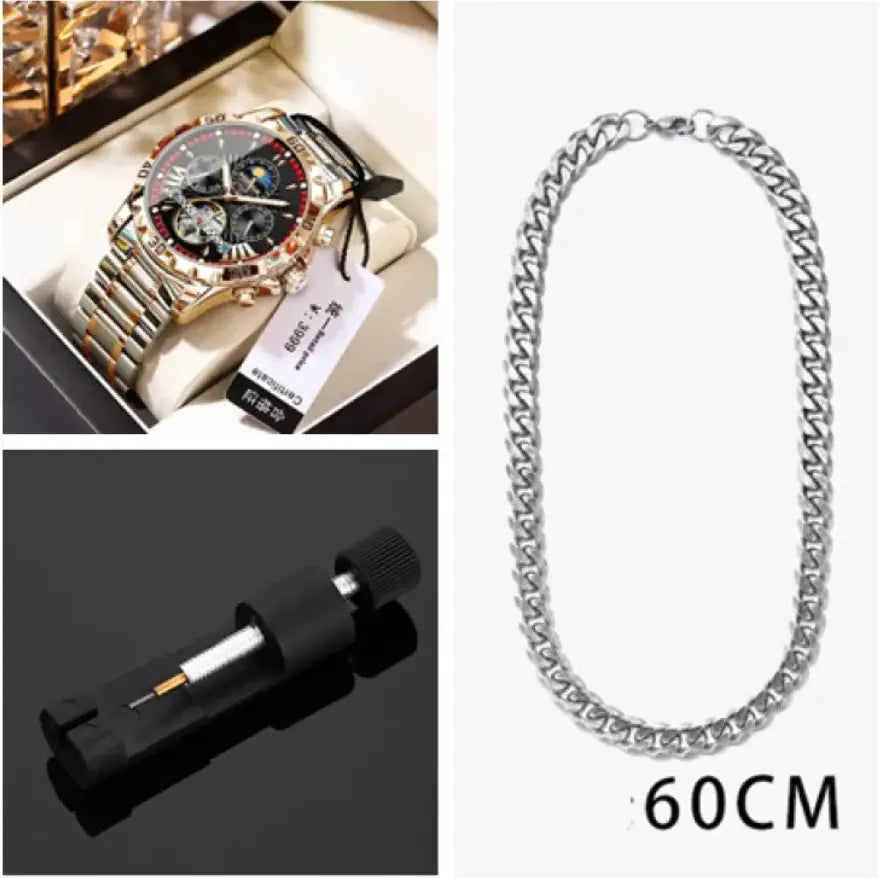 Silver stainless steel curb chain necklace 60cm long paired with r&z men’s automatic mechanical watch