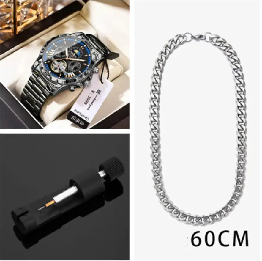 Silver-toned curb chain necklace 60cm complementing r&z men’s automatic mechanical watch accessory