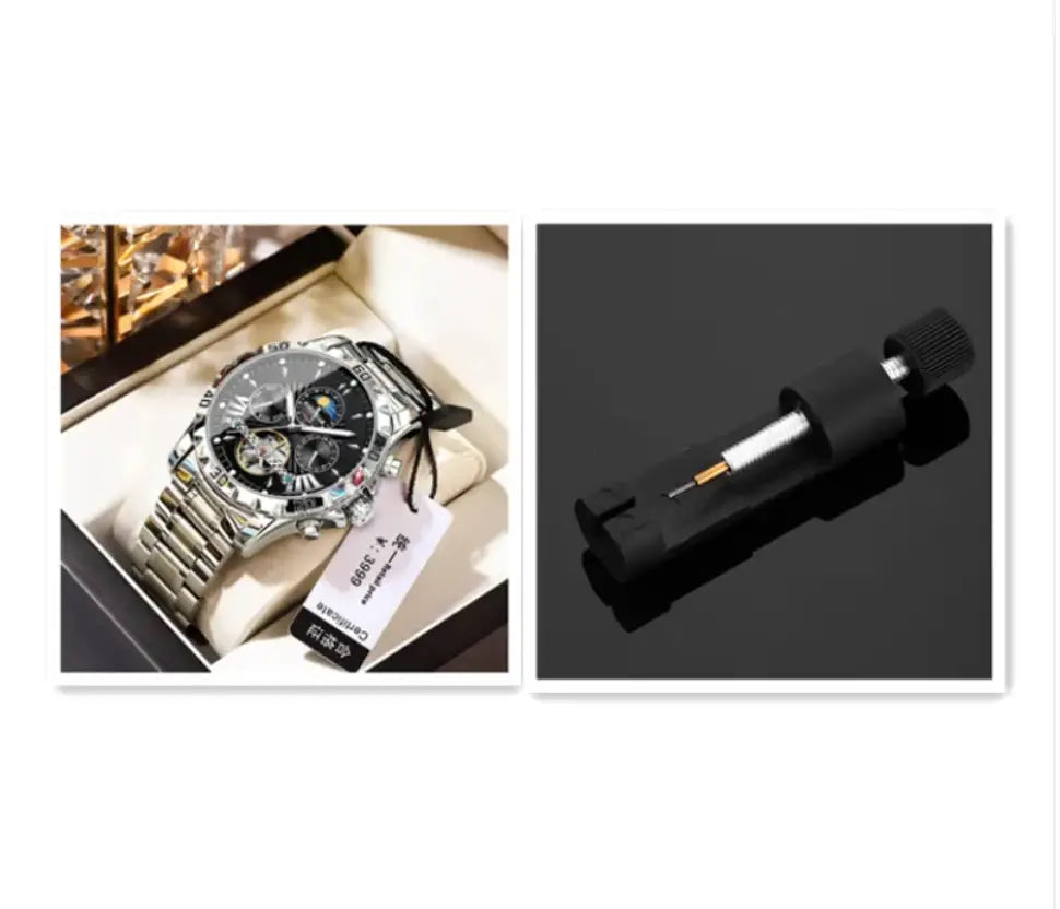 Silver-toned r&z men’s automatic mechanical watch with black dial and stainless steel bracelet chronograph design
