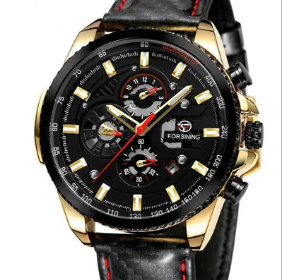 R&amp;Z men’s automatic mechanical watch gold-tone chronograph black dial red accents black leather strap red stitching