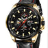 R&Z men’s automatic mechanical watch gold-tone chronograph black dial red accents black leather strap red stitching