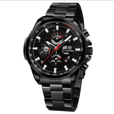R&amp;Z men’s automatic mechanical watch in black stainless steel with red accents and bold sporty design
