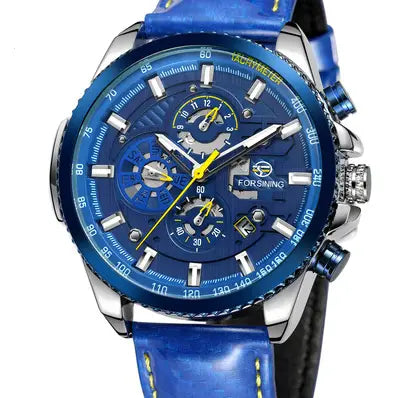 R&amp;Z men’s automatic mechanical watch with blue leather strap silver case blue dial yellow hands and forsen logo