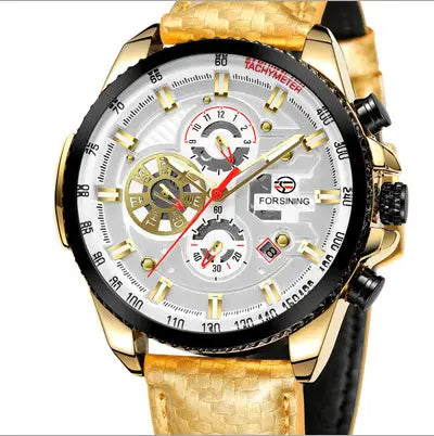 R&amp;z men’s automatic mechanical watch with gold-tone chronograph, silver dial, black tachymeter bezel, and textured leather strap