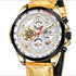 R&z men’s automatic mechanical watch with gold-tone chronograph, silver dial, black tachymeter bezel, and textured leather strap