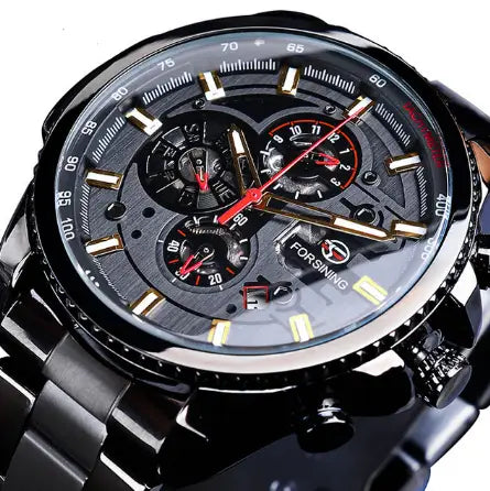 R&amp;Z men’s automatic mechanical watch with black stainless steel, gold-tone accents, red hands, and transparent dial showing gears