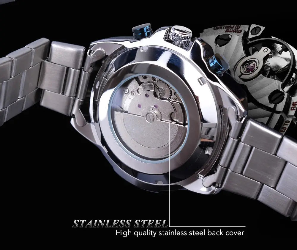 Silver stainless steel r&amp;z mens automatic mechanical watch with polished bracelet and exposed mechanical movement