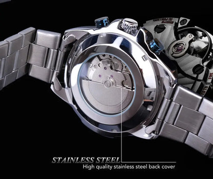 Silver stainless steel r&amp;z mens automatic mechanical watch with polished bracelet and exposed mechanical movement