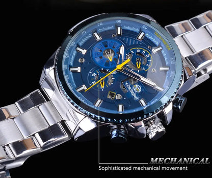 R&amp;Z men’s silver stainless steel automatic mechanical watch with blue dial yellow hands and multiple subdials