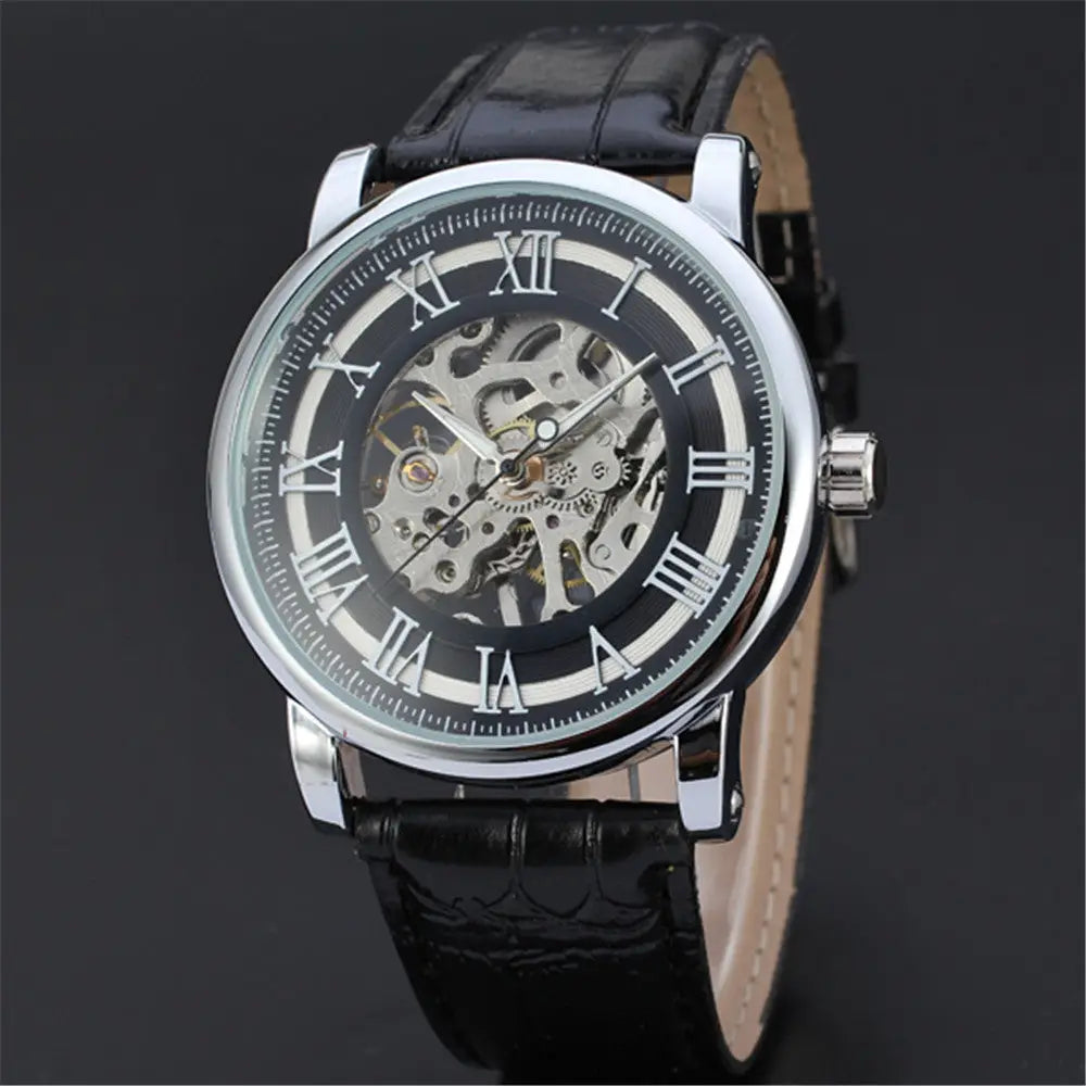 R&Z men’s hollow automatic mechanical watch with black leather strap silver-toned case and roman numeral dial